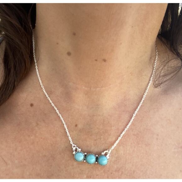 Turquoise Cluster Bar Necklace Southwestern Sterling Silver Native Style boho - Picture 2 of 6